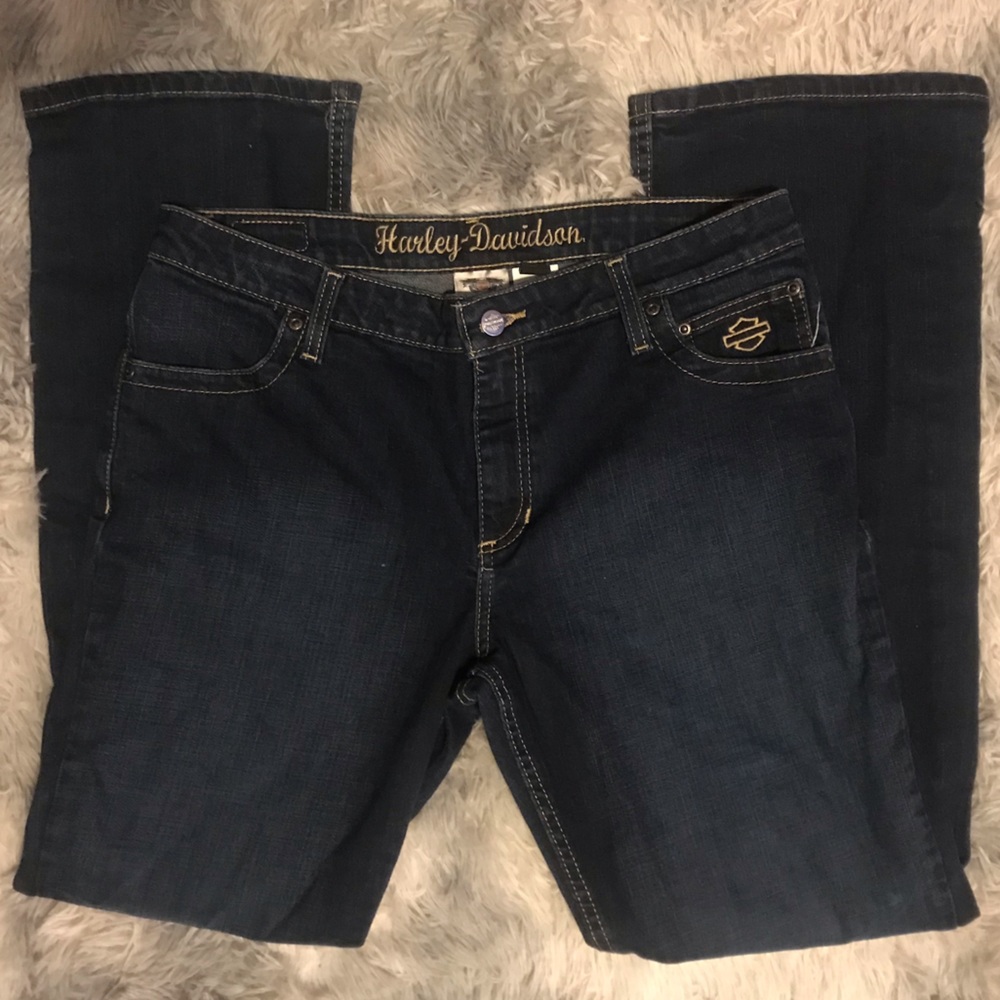 Harley-Davidson Dark Wash Denim Straight Leg Jeans emblem logo pocket